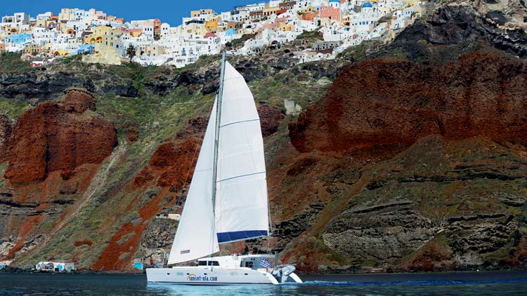 Lagoon 500 Catamaran Cruising Santorini