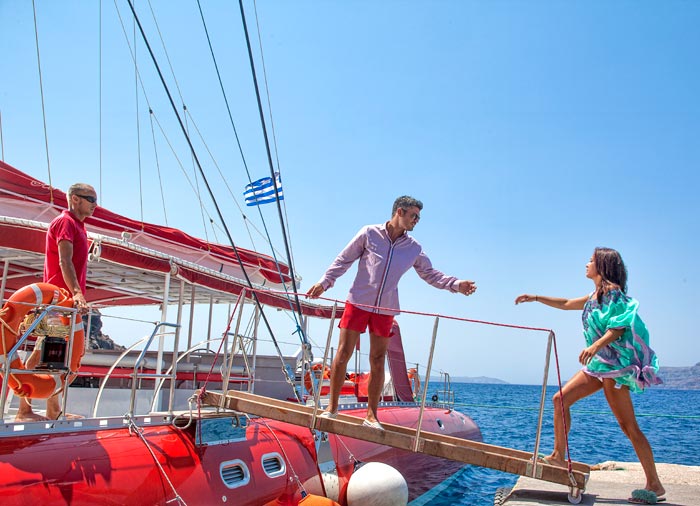 Ocean Voyager 74 – Catamaran cruise, Santorini Island, Athens Mykonos Santorini tour